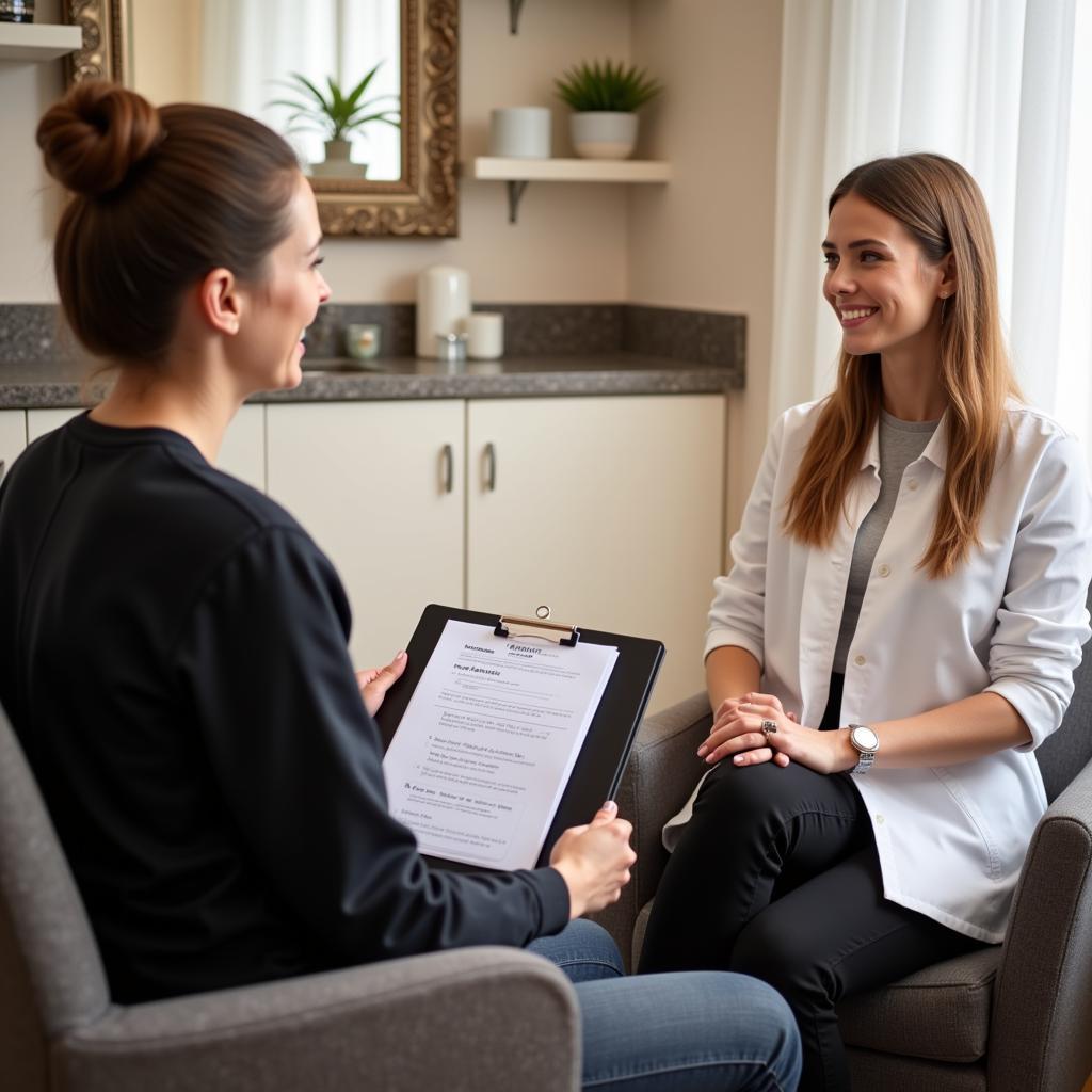 Spa therapist consulting with a client about treatment options