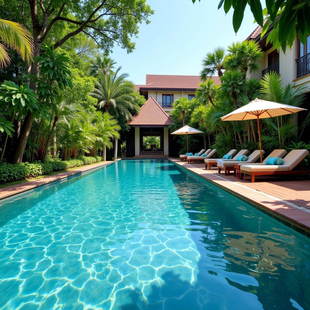 Inviting pool area at Angkor Village Resort and Spa, surrounded by lush tropical gardens