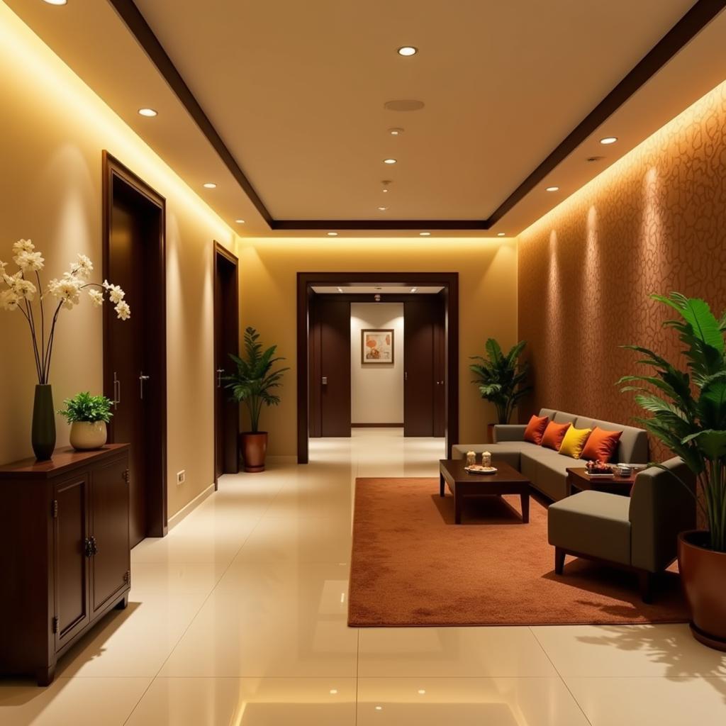 Serene reception area of Anjali Spa in Belgaum, showcasing a calming atmosphere with soft lighting and elegant decor.