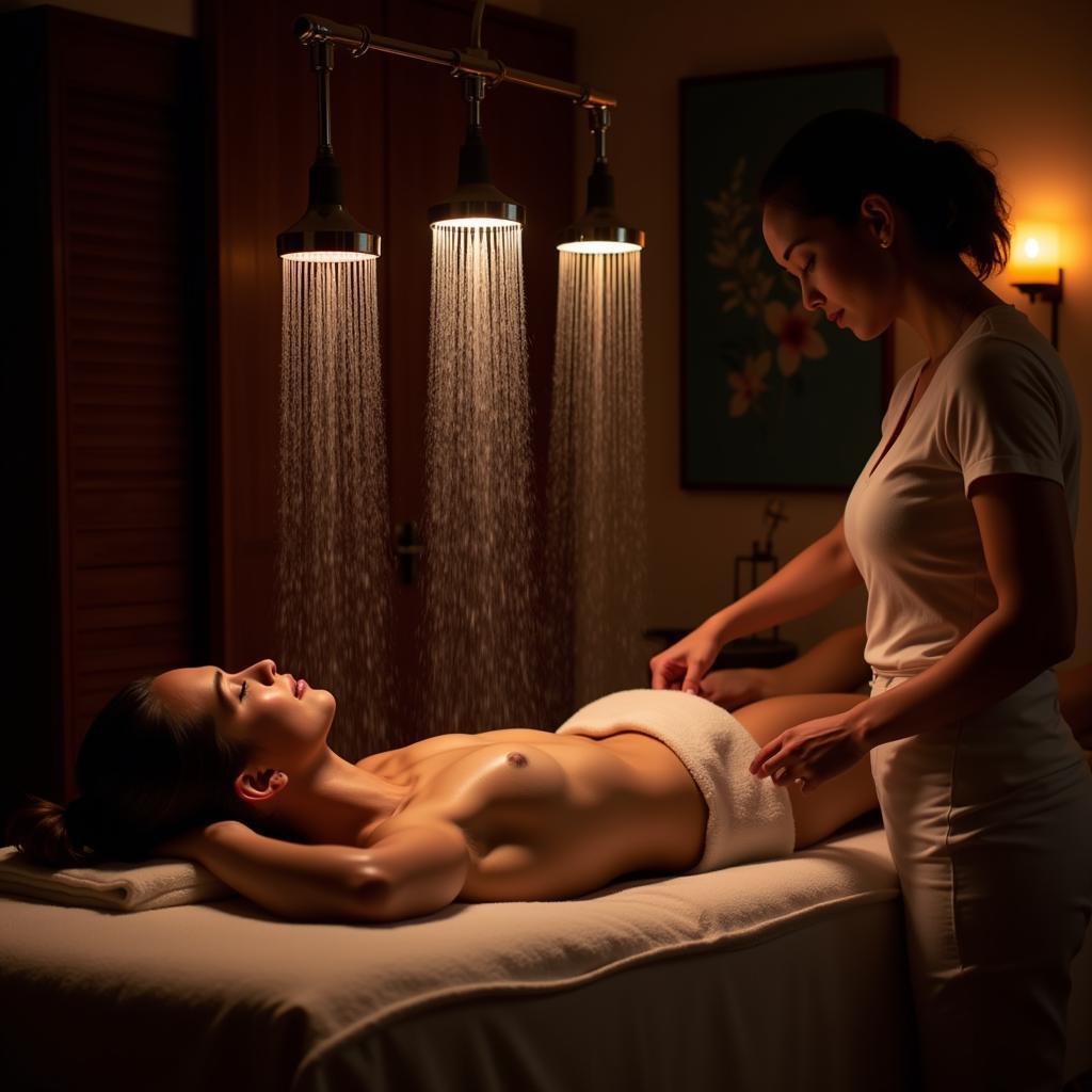 Woman receiving a Vichy shower treatment at an aquasana spa