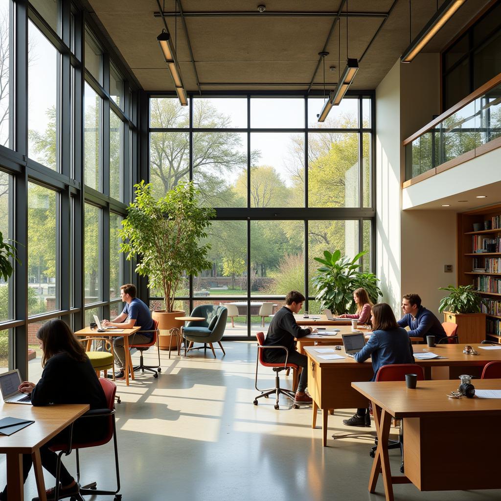 Architecture students working in a studio designed with spa-like elements