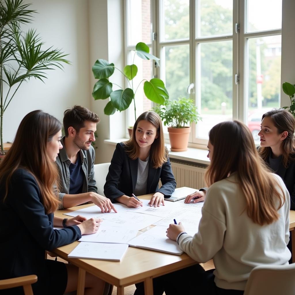 Architecture students reviewing their syllabus in a spa-like setting