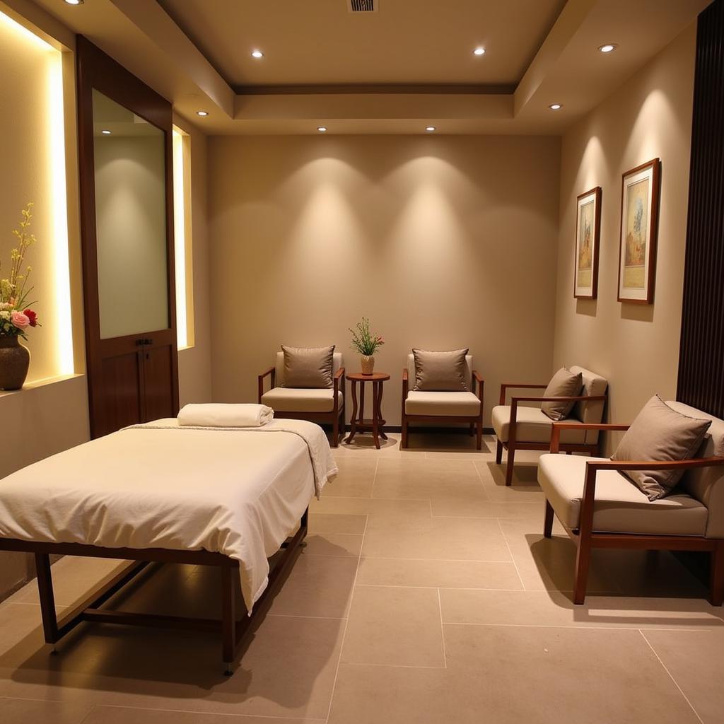 Relaxation lounge at Aura Luxury Spa Meera Bagh with comfortable seating and a serene ambiance.