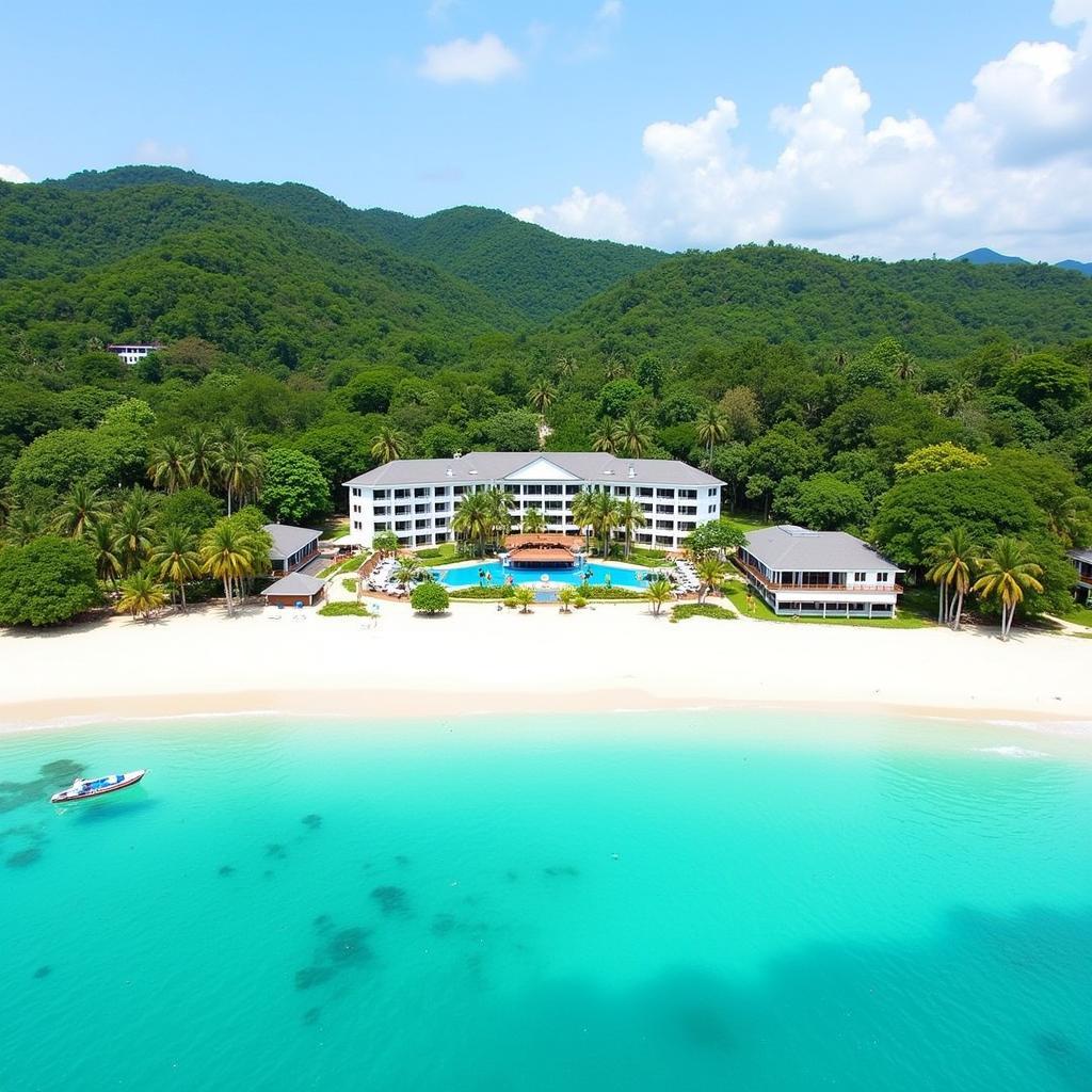 Luxurious beachfront view of Aureum Resort & Spa Ngapali with crystal-clear turquoise water and white sand beach.