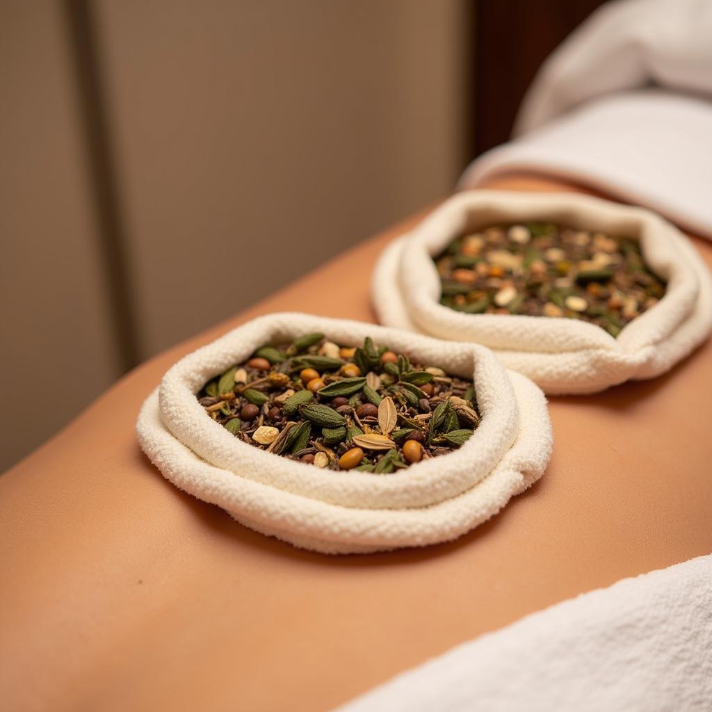 Close-up of herbal poultices used in a traditional Thai massage at Ayur Thai Spa GK2.