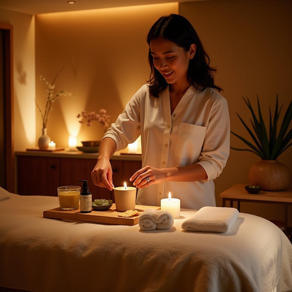 Ayurvedic treatment room in a luxurious Indian spa resort, showcasing traditional decor and serene ambiance.