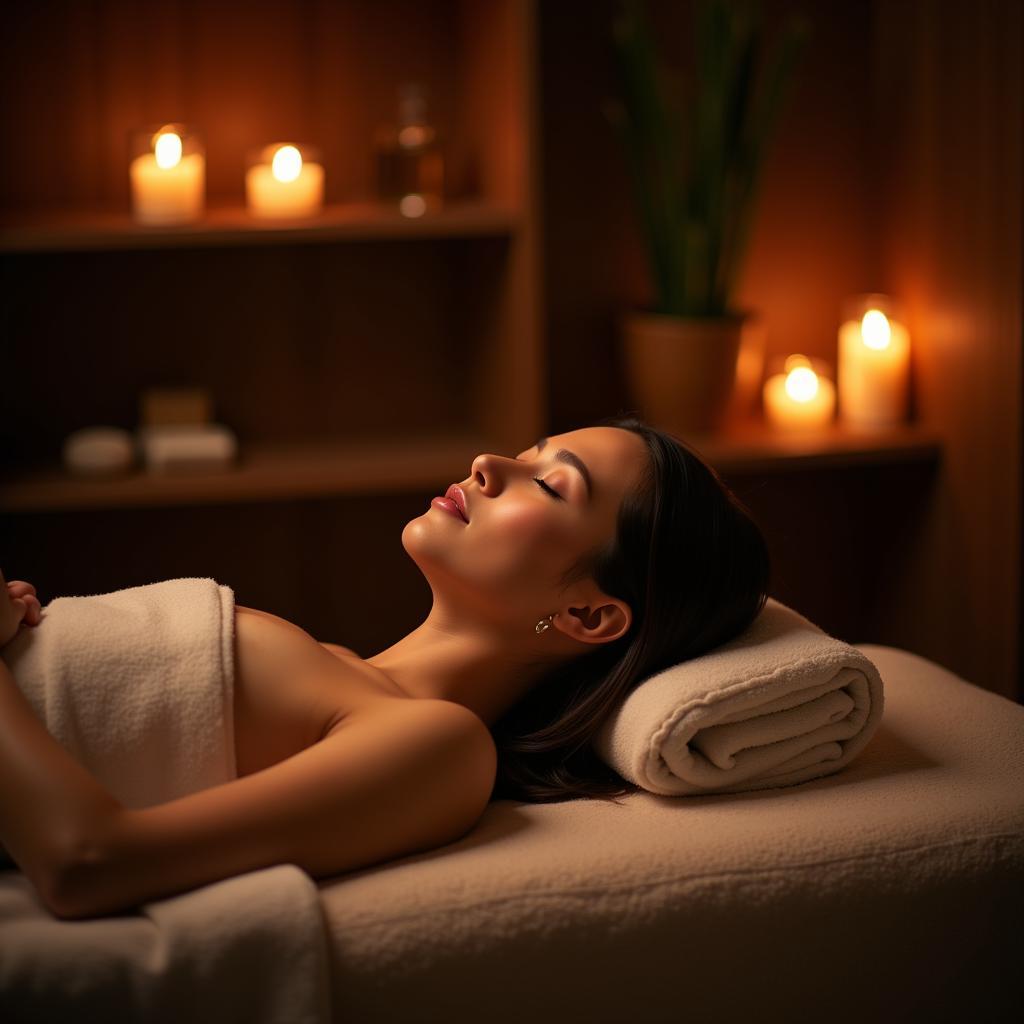 Woman relaxing in an azo spa with aromatherapy candles and soft lighting