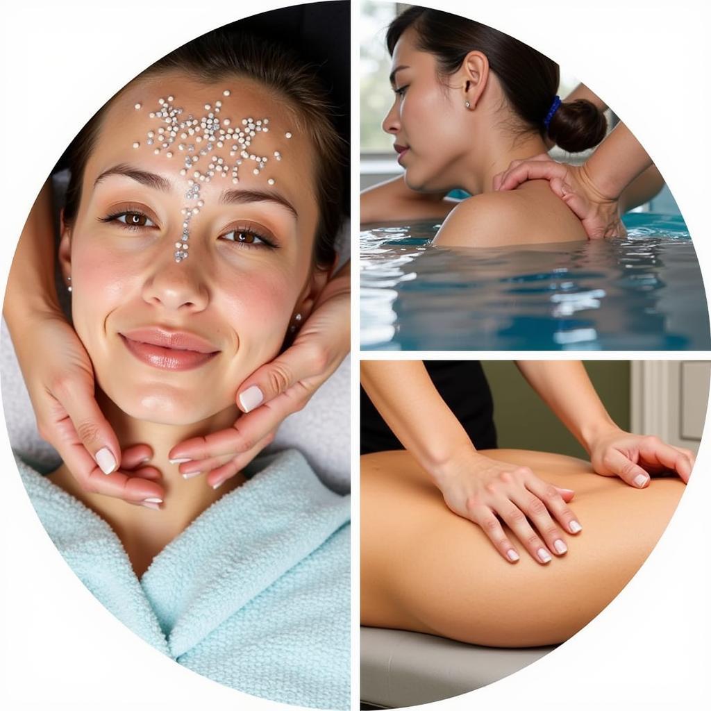 Various azo spa treatments including massage, facial, and hydrotherapy