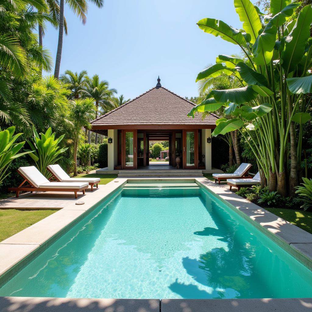 Luxurious outdoor area of a Bali collection spa with a private pool, lush gardens, and comfortable lounge chairs.