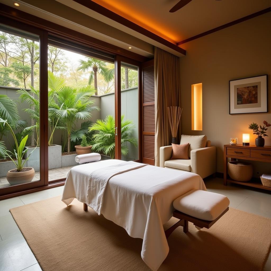 Tranquil treatment room in a Bali collection spa with soft lighting, natural materials, and a view of lush greenery.