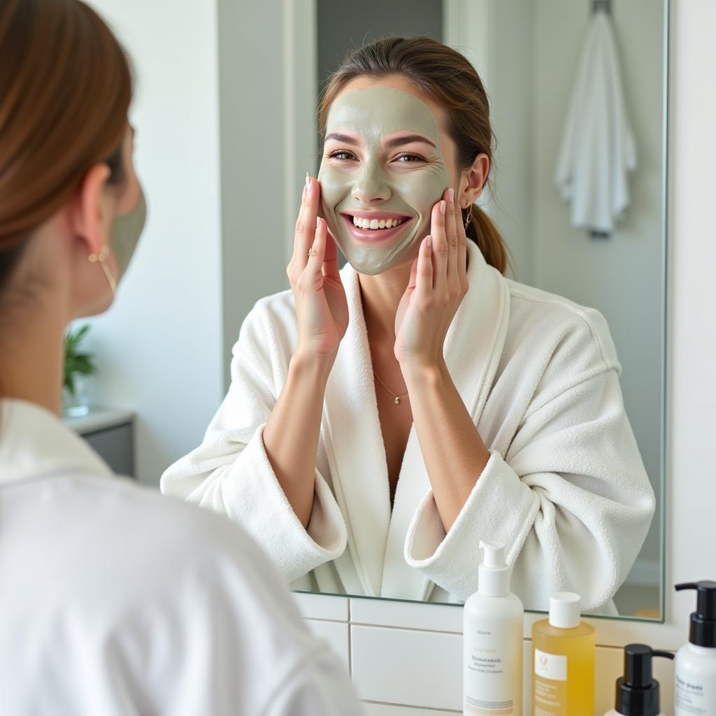 Woman applying a face mask at home, creating a DIY spa experience