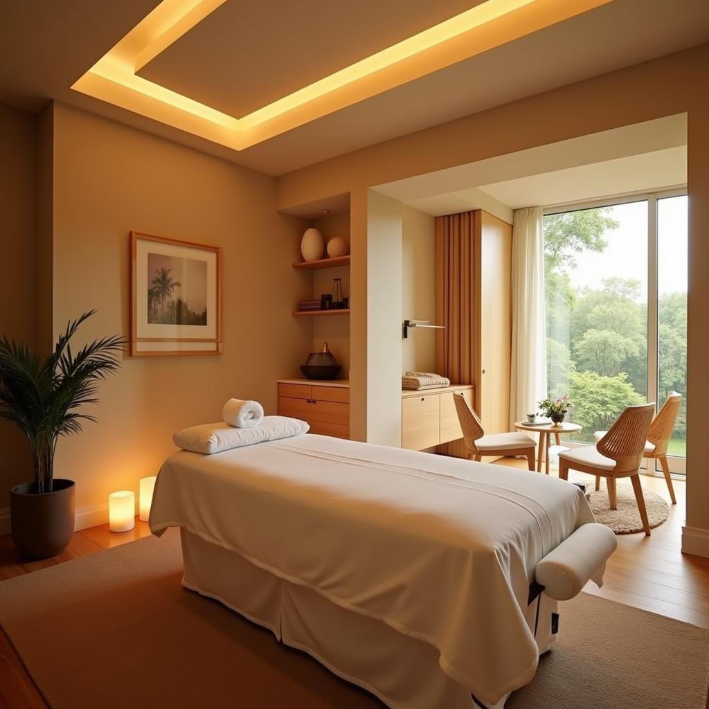 A luxurious spa room with soft lighting, calming decor, and a massage table set for a relaxing treatment.