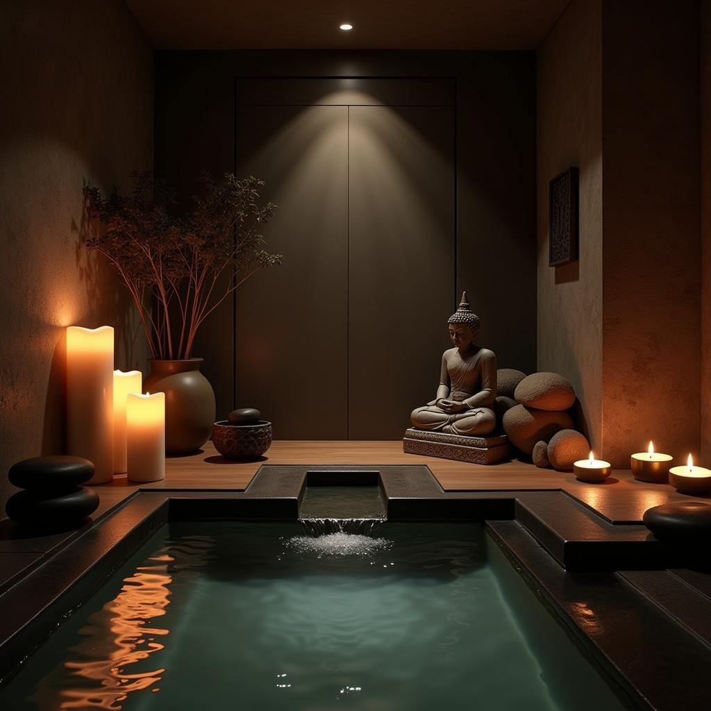 A serene spa room with soft lighting, natural elements, and a meditative atmosphere.