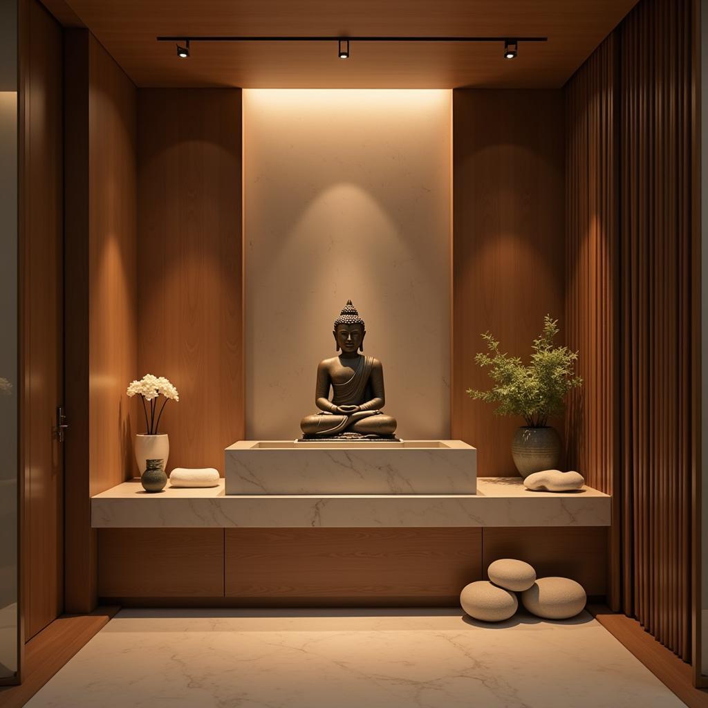 Tranquil Buddha statue in a spa setting with soft lighting and natural elements.