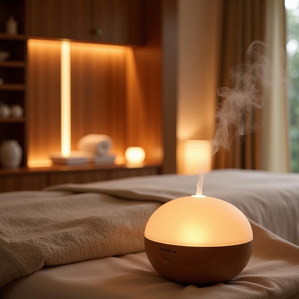 Serene treatment room at Corob Spa with soft lighting and natural elements.