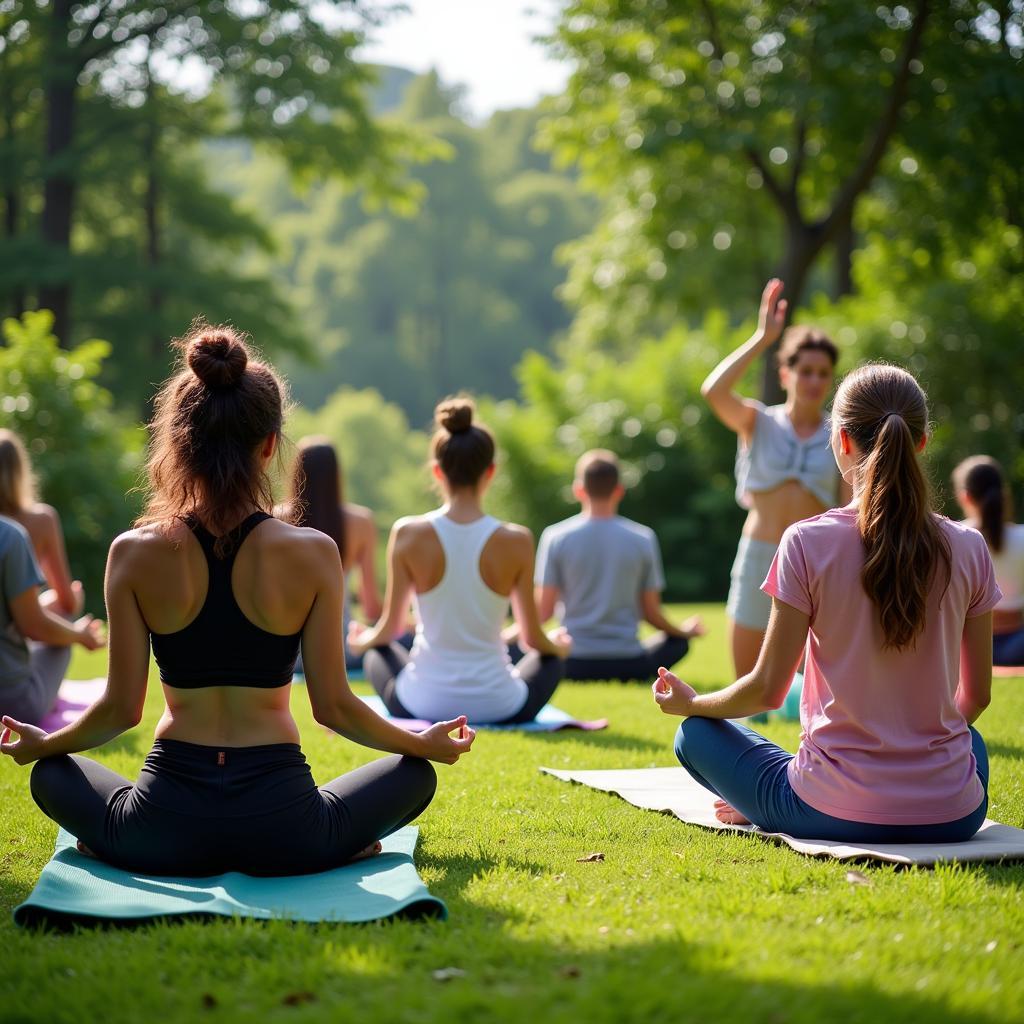 Guests participating in a yoga and meditation session at Country Spa Kovalam, surrounded by lush greenery and a peaceful atmosphere.