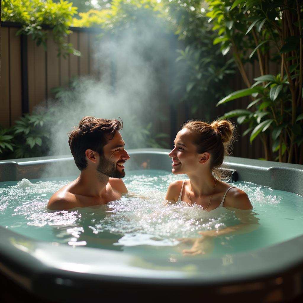 Couple relaxing in a jacuzzi at a spa.