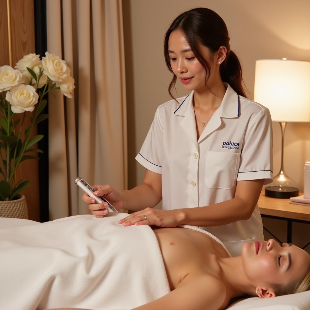 Enhancing Customer Spa Experience: A smiling spa therapist offering a refreshing drink to a client in a relaxing setting.