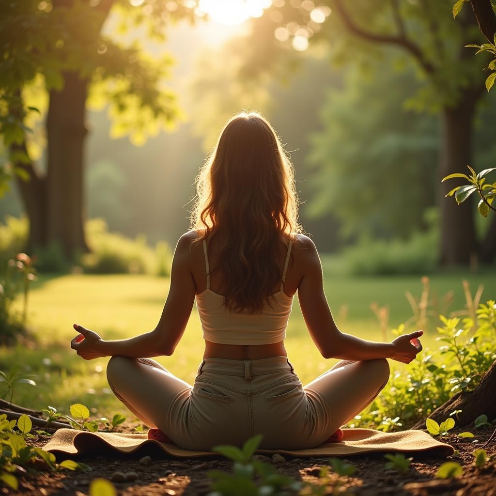 A person practicing yoga and meditation in a peaceful setting.