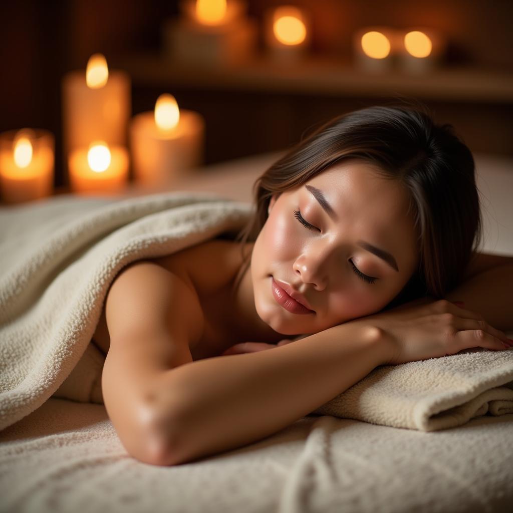 Woman relaxing at a day spa with aromatherapy candles and soft lighting