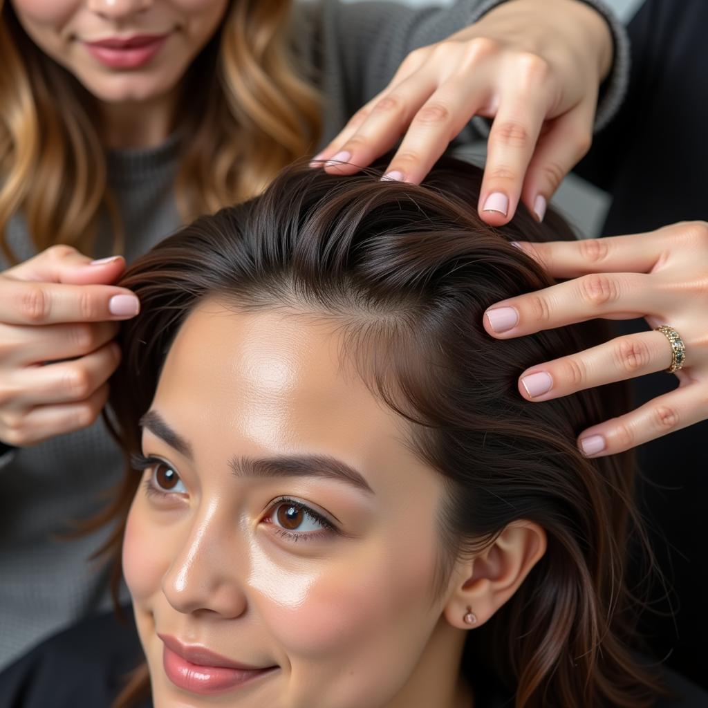 Application of a deep conditioning hair mask during a hair spa treatment