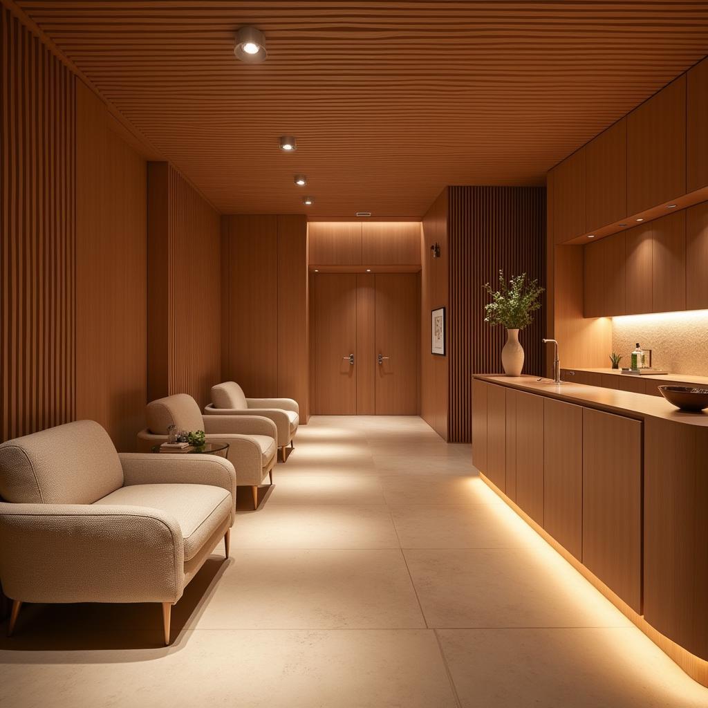 Serene reception area at Earth The Spa Malad, featuring natural wood and soft lighting.