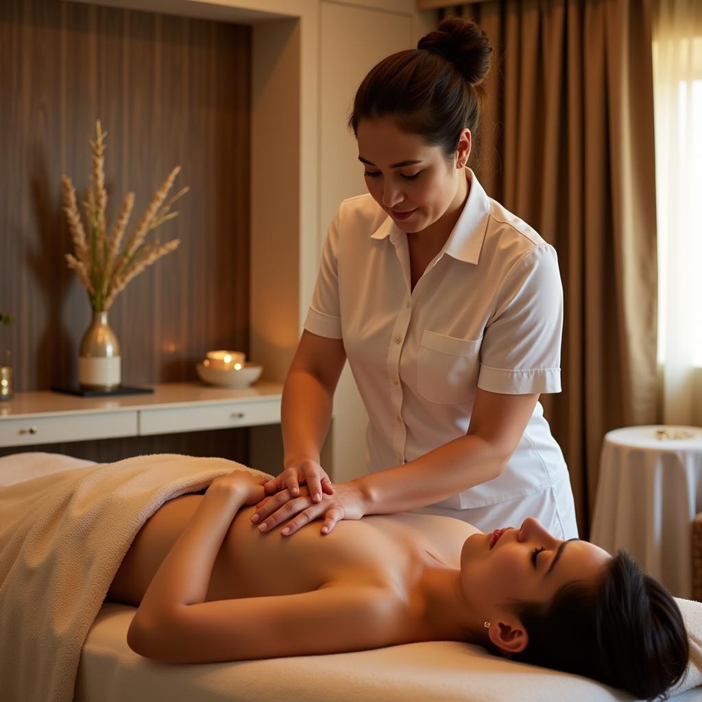 A skilled therapist performing a massage at the Emirates Palace Spa, focusing on pressure points and relaxation techniques.