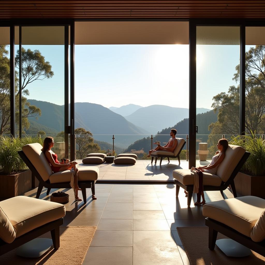 Relaxation area with stunning mountain views at the Fairmont Resort Blue Mountains Spa