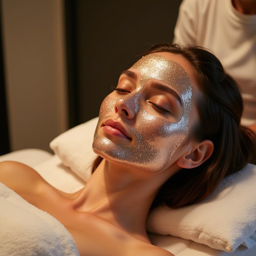 Close-up of a woman receiving a glitter facial mask treatment at a day spa.