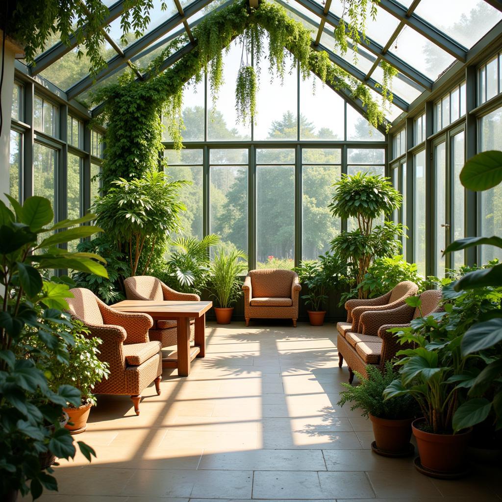 Tranquil interior of a greenhouse spa with lush plants and natural light.