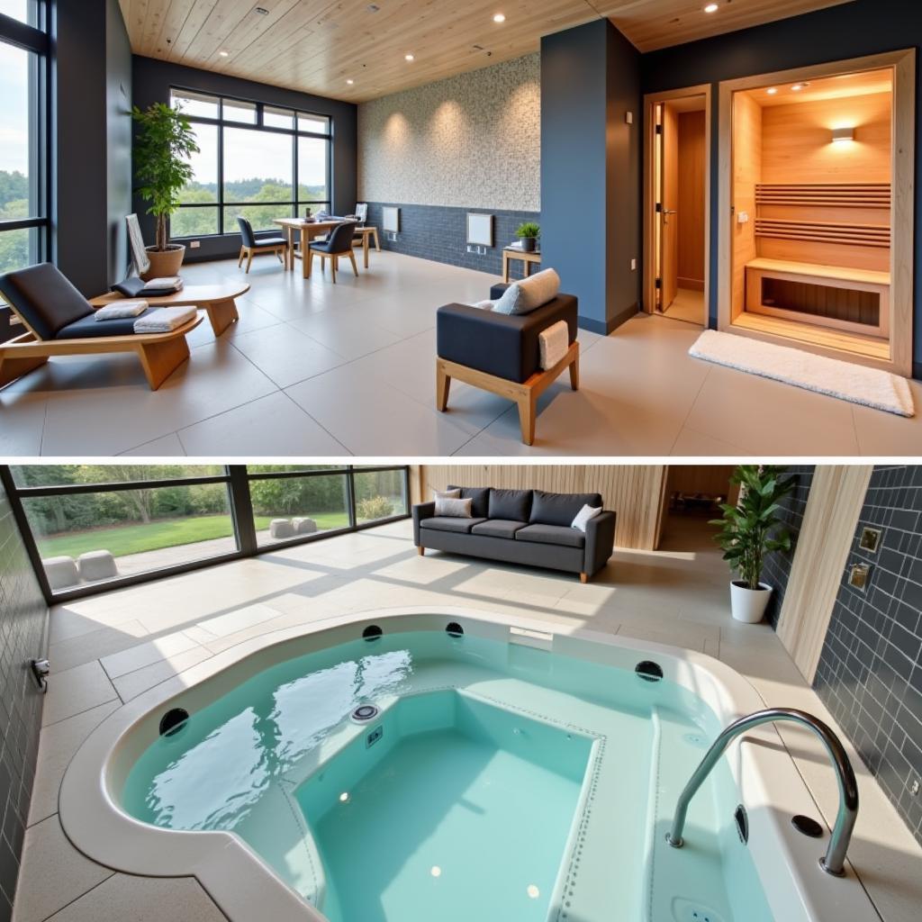 Modern gym with an attached spa area featuring a sauna, jacuzzi, and relaxation lounge.