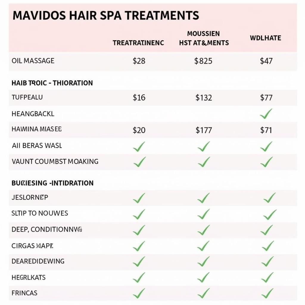 Comparison chart of different hair spa treatment rates based on ingredients and duration.