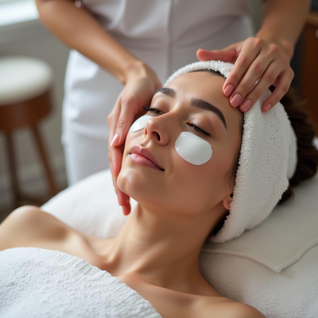 Close-up of a woman receiving a facial treatment