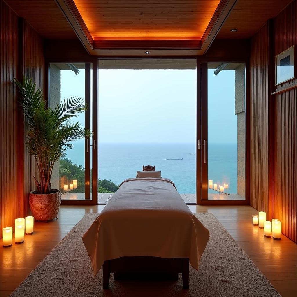 Relaxing Hawaiian spa treatment room with ocean view.