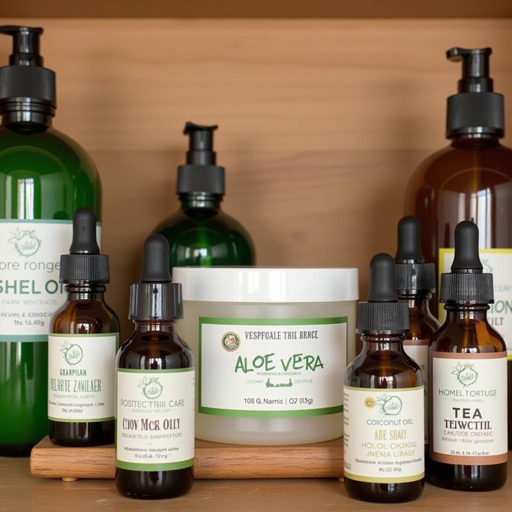 A selection of natural hair care products for dandruff treatment, including oils, shampoos, and conditioners.