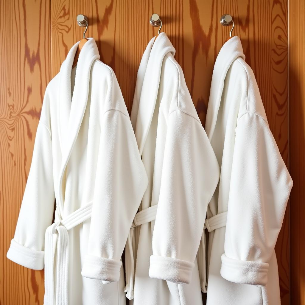 Luxury Hotel Spa Robe Collection: Plush white robes hanging in a spa setting, showcasing their soft texture and elegant design.