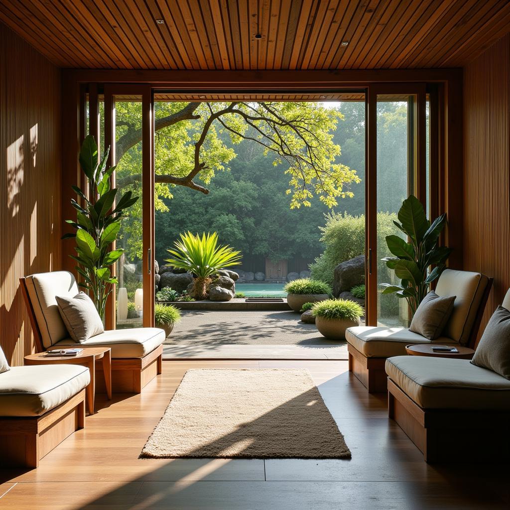 Guests relaxing in the serene outdoor area of the Hotel Tjampuhan Spa, surrounded by lush greenery and the sounds of nature.