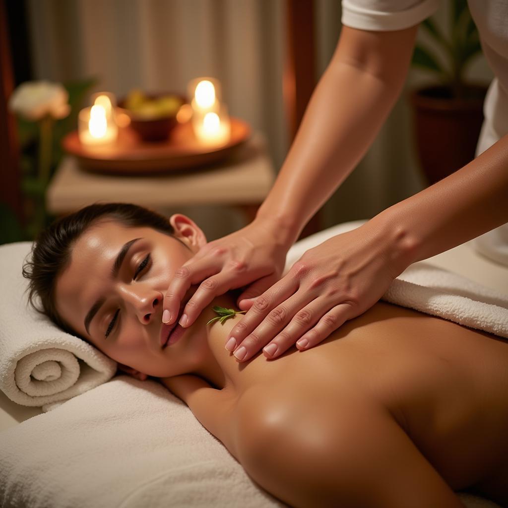 An Ayurvedic treatment being performed in a serene Kerala spa setting