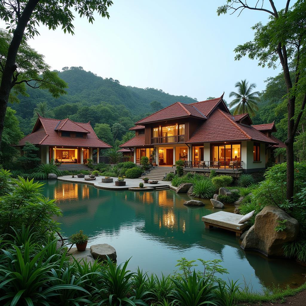 Luxurious exterior of a Kerala spa resort with lush greenery and traditional architecture