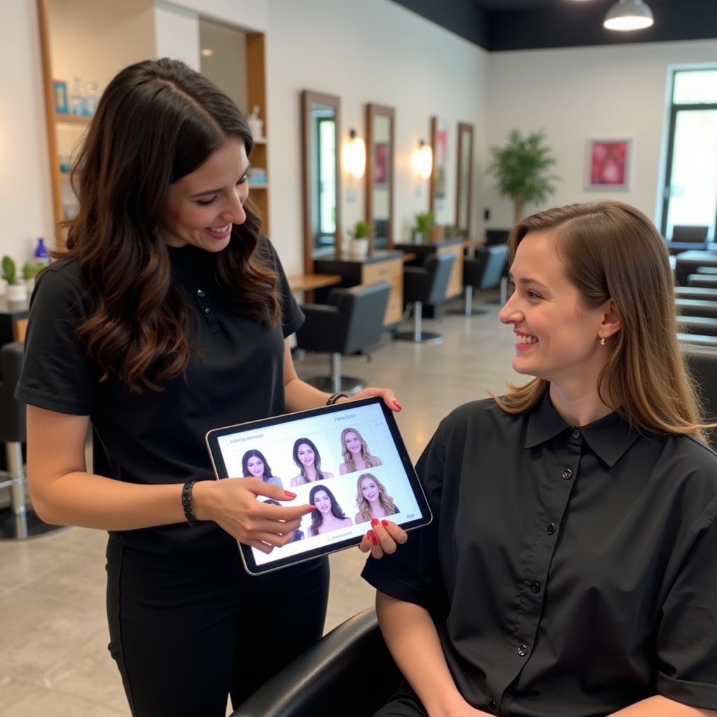 A stylist consulting with a client about hairstyle options in a Korean spa