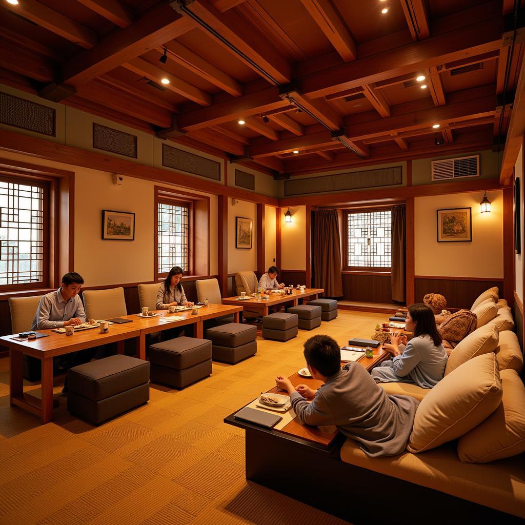 Guests relaxing in the traditional Korean dry sauna (Jjimjilbang) at Palette Pine Tree Spa Resort.