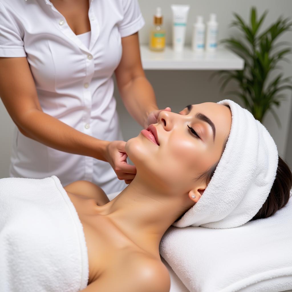 A woman receiving a facial treatment in a spa setting