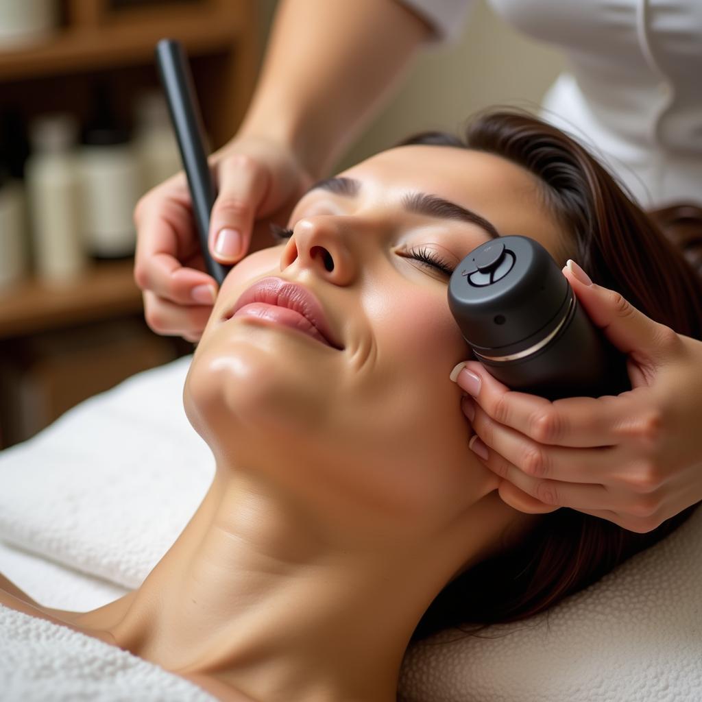 A woman enjoying a luxurious spa treatment with various products and equipment surrounding her.