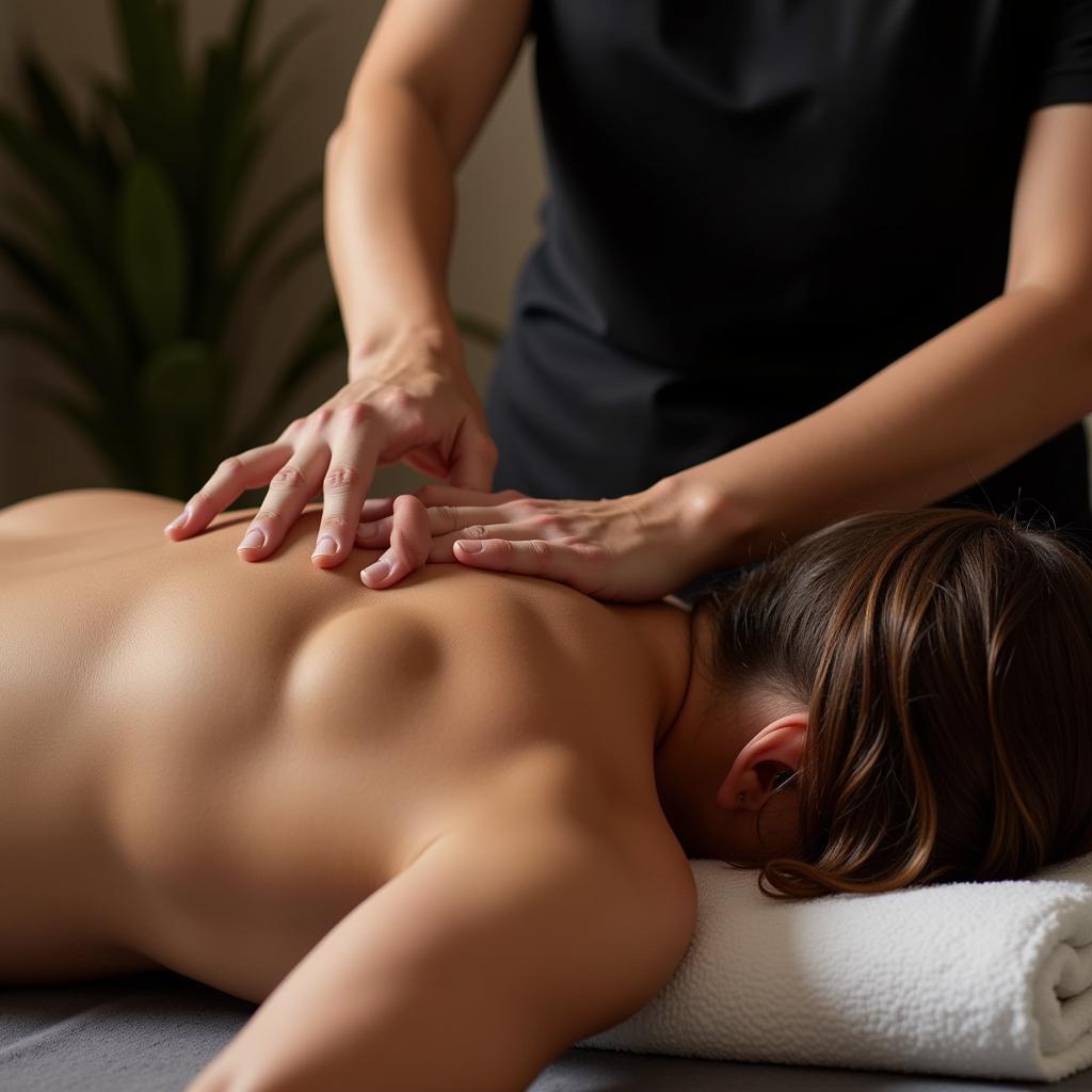 Massage therapist working on the back of a person with axial spondyloarthritis