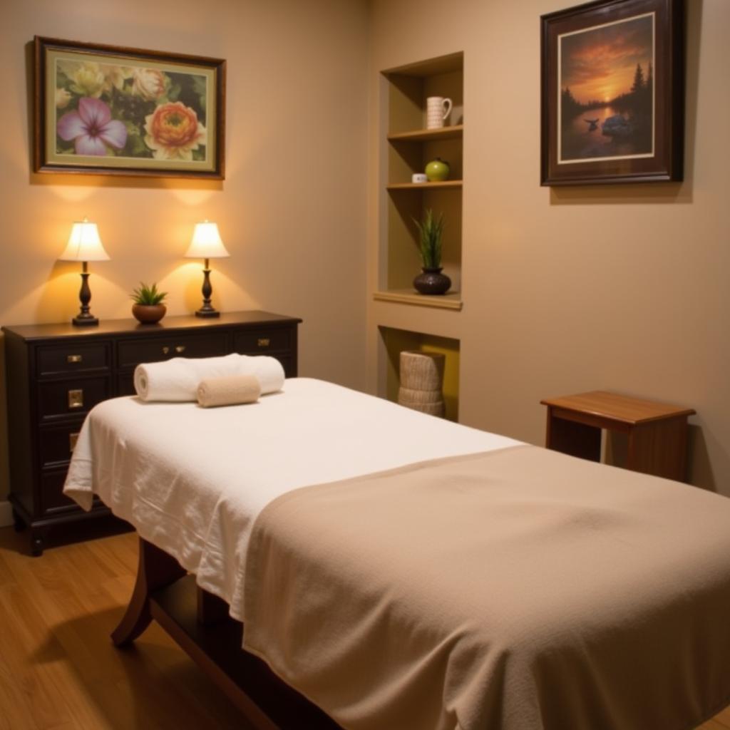 Tranquil massage therapy room at a Ramesh Nagar spa, showcasing dim lighting, comfortable massage table, and soothing decor.