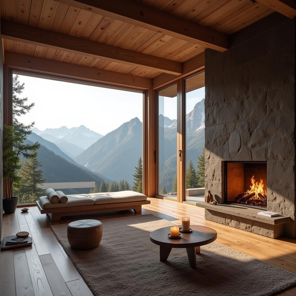 Luxurious interior of a mountain spa with natural elements