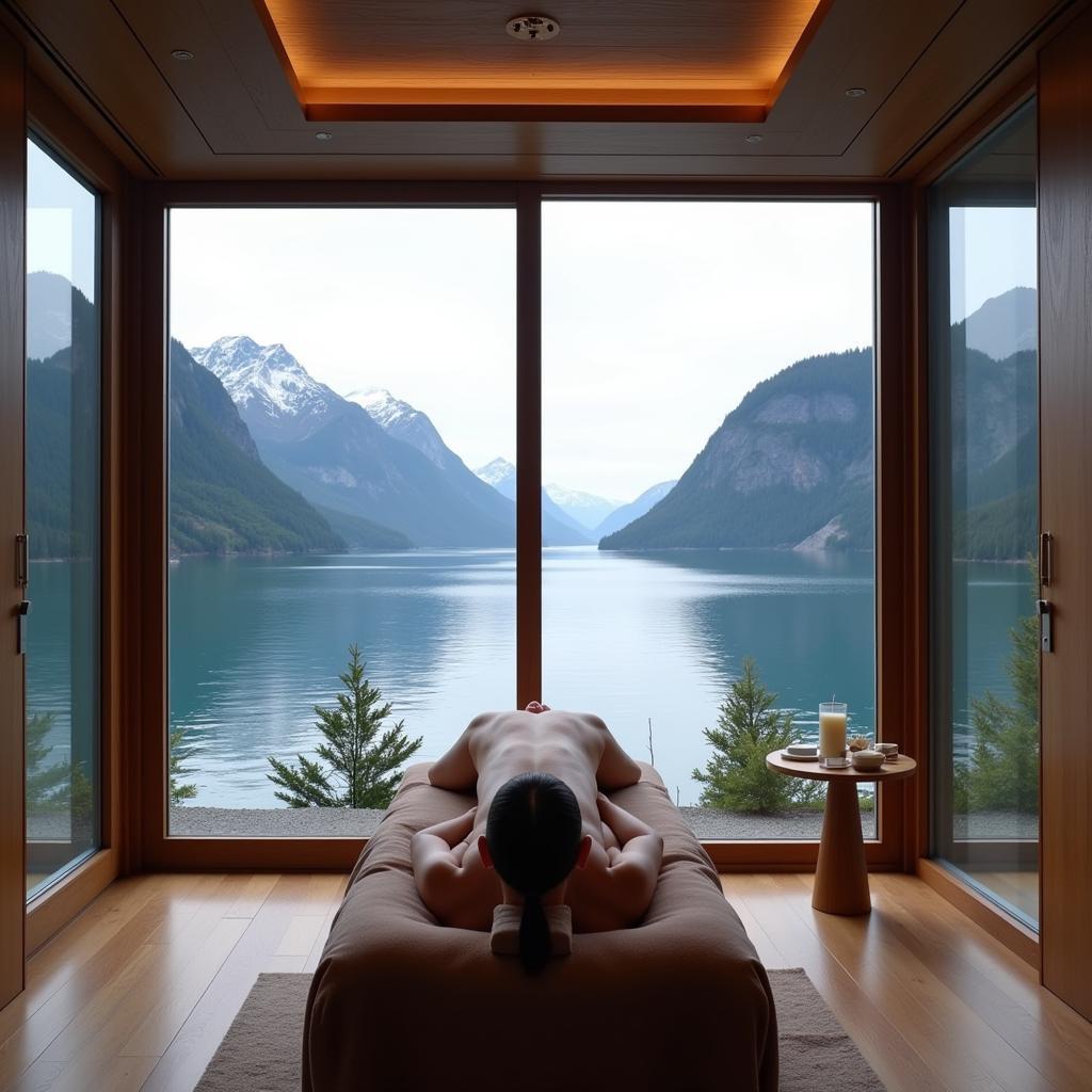 A guest receiving a massage with a breathtaking view of a Norwegian fjord.