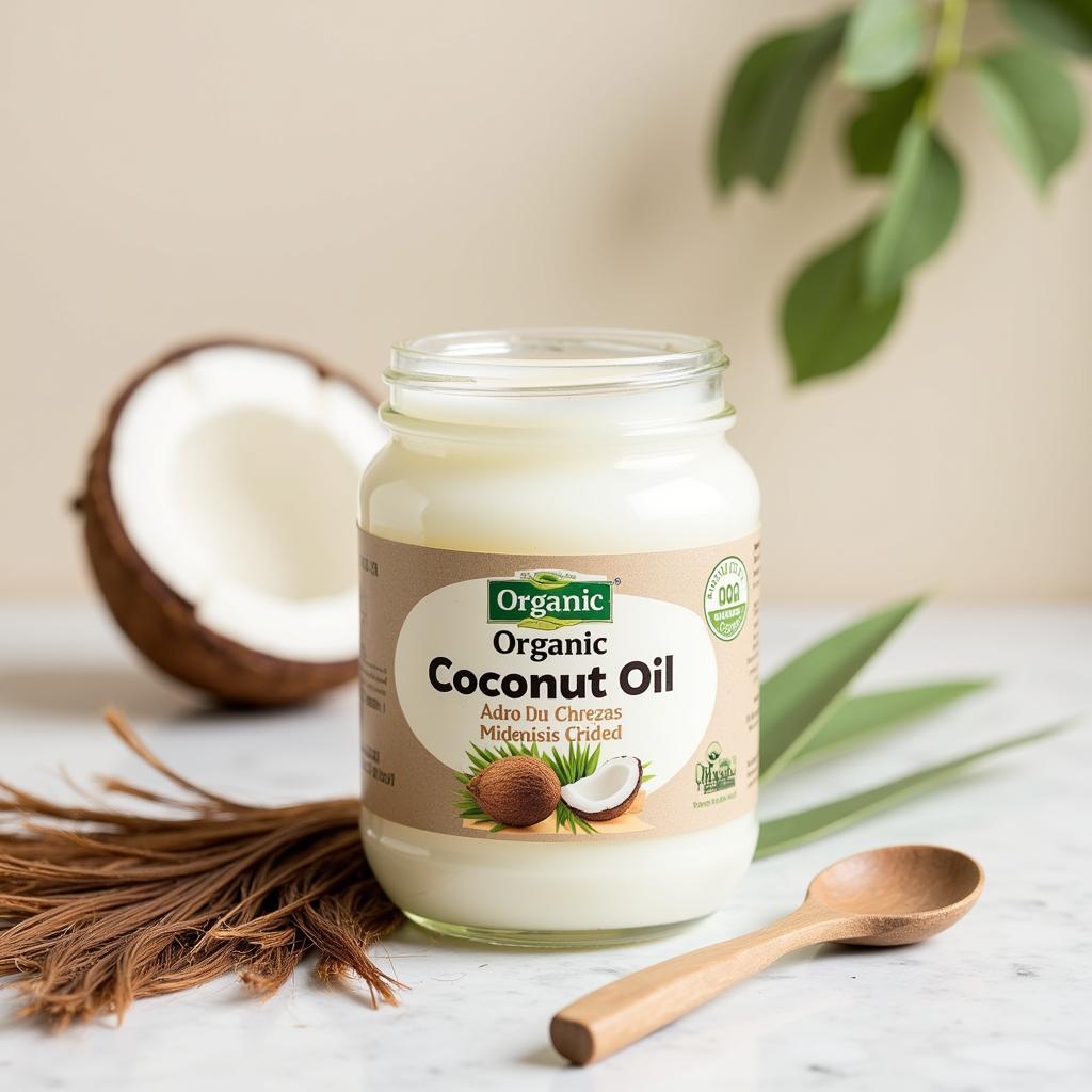 A jar of organic, unrefined coconut oil with a spoon and some hair strands.