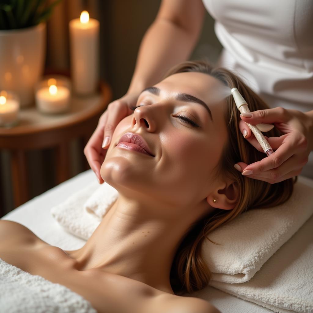 Woman receiving an oxygen facial treatment at a spa.