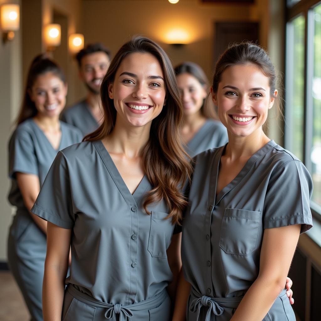 Professional and friendly pristine spa staff greeting clients.